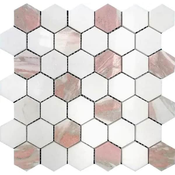 Rosendal 4 x 5 in. Polished Thassos, Norway Rose Hexagon Marble Mosaic Wall and Floor Tile Sample