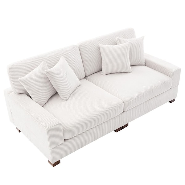 83 in. Square Arm Beige Corduroy Fabric Upholstered Sectional 2-Seats Sofa with Four Pillows