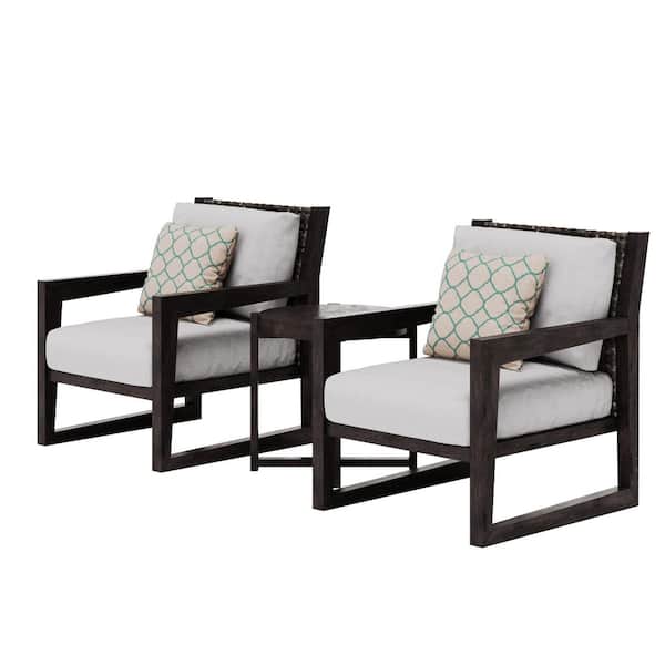 Expresso Brown 3-Piece Acacia Wood Patio Conversation Set with Gray Cushions and Sunbrella Pillows