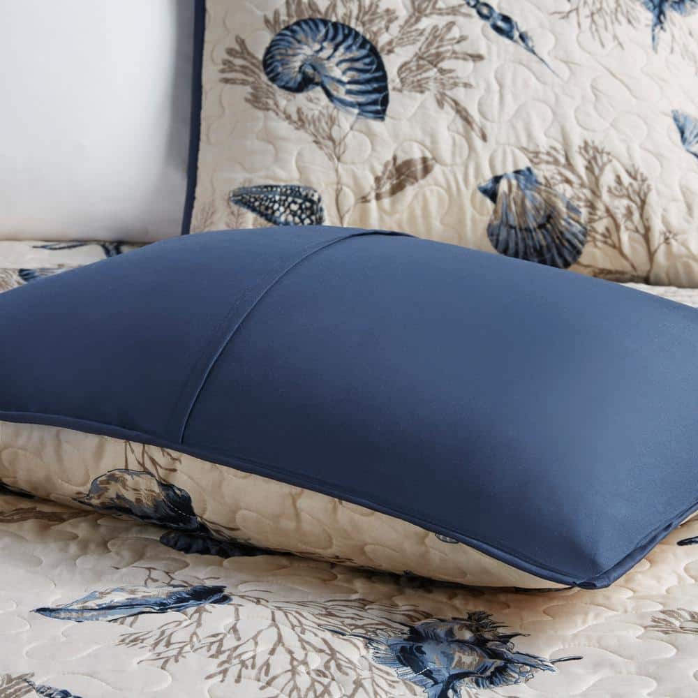 Coastal Charm Blue & Ivory Microfiber Twin Quilt Set with Reversible Design