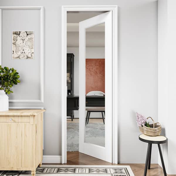 24 in. x 80 in. Solid Core 1-Lite Tempered Clear Glass White Primed MDF Interior Door Slab