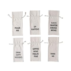6-Piece Brown and Black Cotton Wine Bag with Quotation Designs