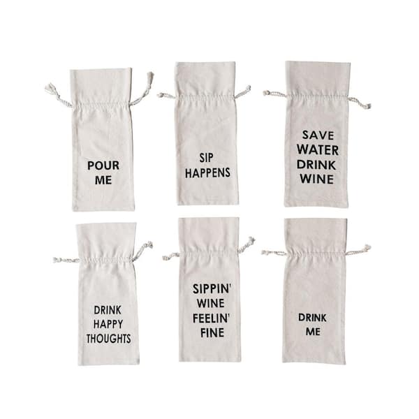 Storied Home 6-Piece Brown and Black Cotton Wine Bag with Quotation Designs