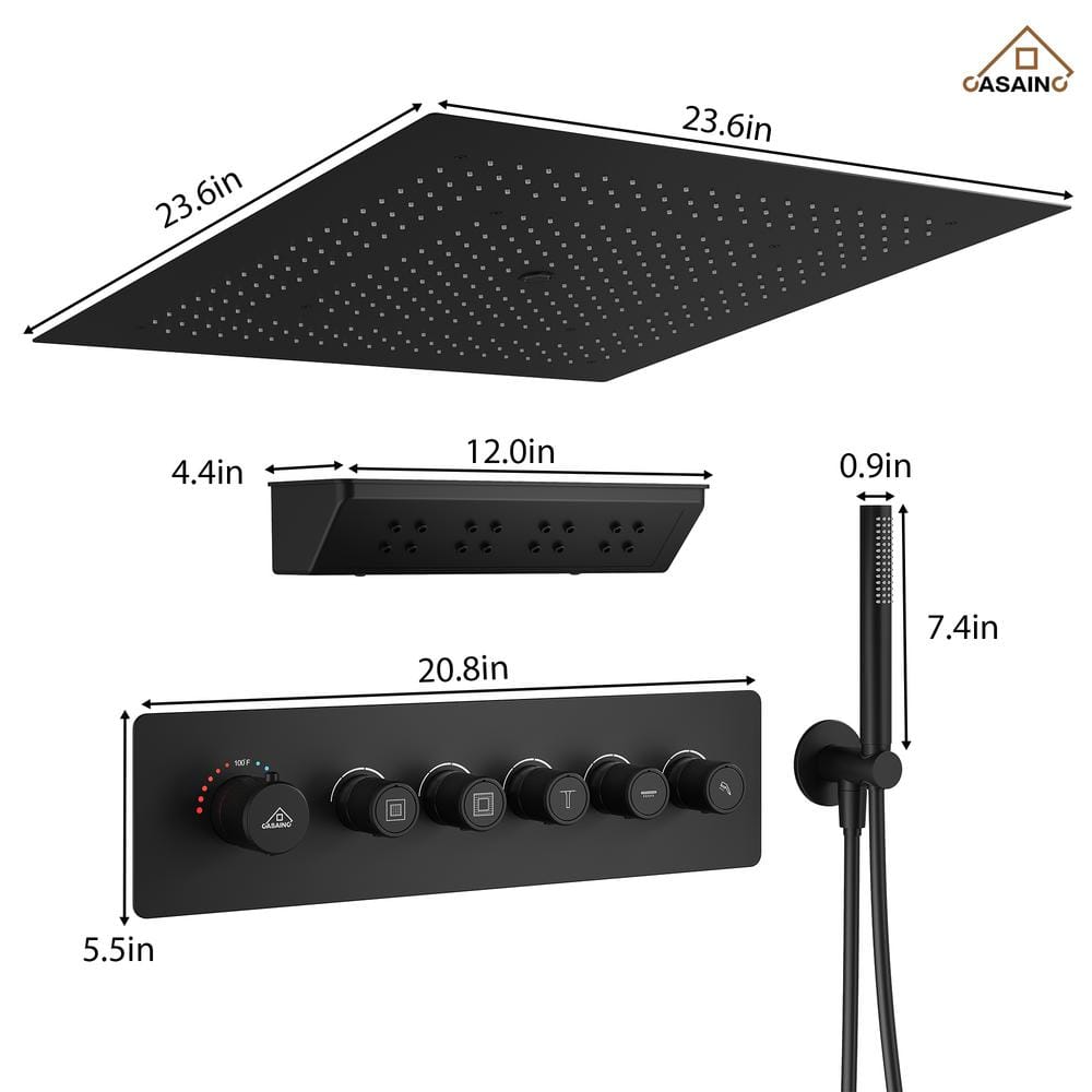Matte Black Thermostatic Shower System with Rainfall and Jet Functions