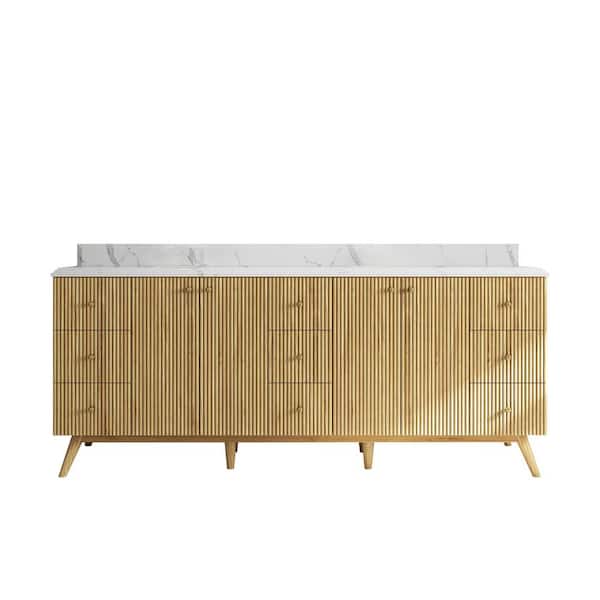 Willow Collections Pasadena Teak 84 in. W x 22 in. D x 36 in. H Double Sink Bath Vanity in Light Teak with 1.5 in. Calacatta Quartz Top