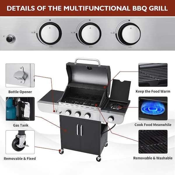 MELLCOM BGGIN0070 4-Burner BBQ Propane Gas Grill, 24,000 Stainless Steel Patio Garden Barbecue Grill in Black - 3