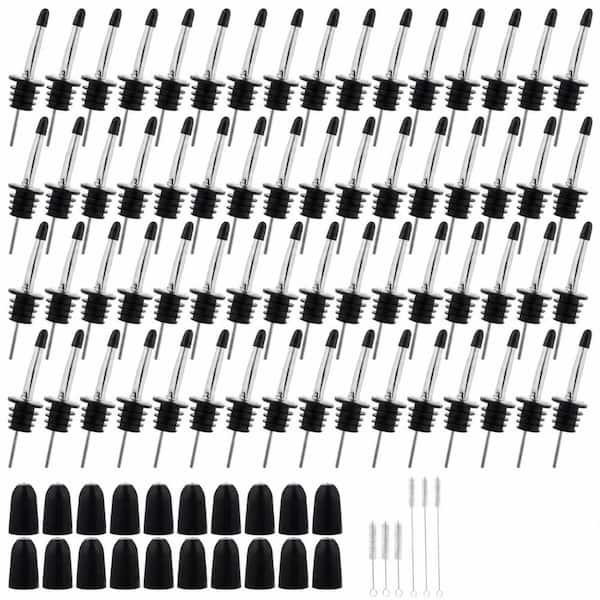 72-Pack Stainless Steel Tapered Pour Spouts for Liquor Wine Oil Bottles with Rubber Dust Caps and Brushes
