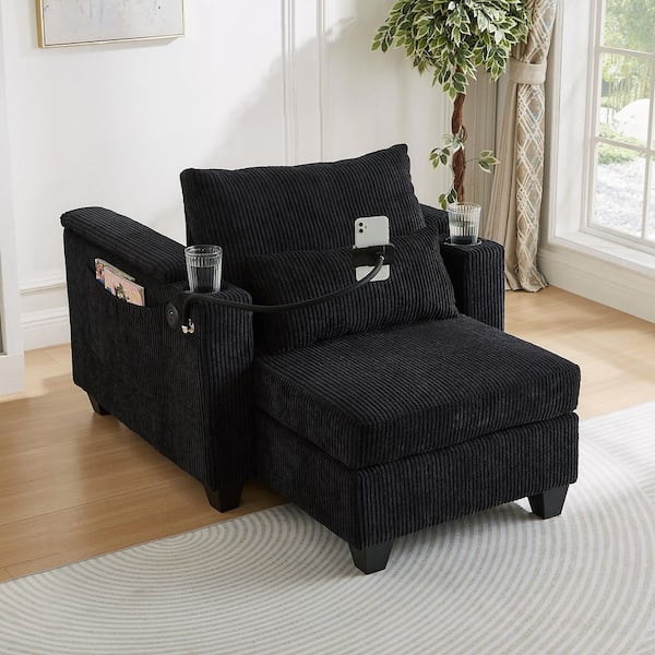 37.4 in. Straight Arm Corduroy Rectangle Sofa, Convertible Chaise Lounge Sofa Chair, Sleeper Sofa with Holder in Black