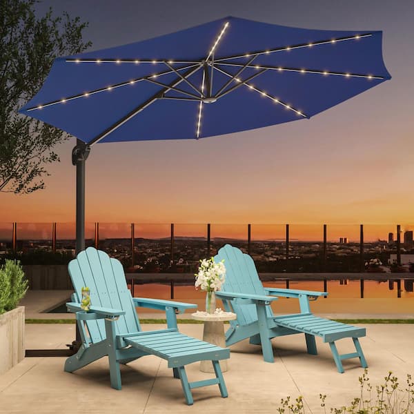 10FT LED Cantilever Umbrella with Lights, Solution-Dyed Fabric, Luxury Shade with 360° Rotation in Navy Blue