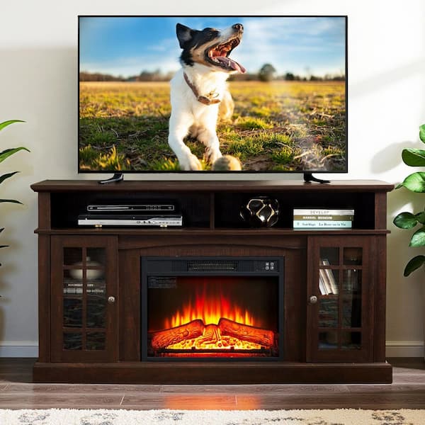 58.25 in. Classic Freestanding Electric Fireplace TV Stand with Open and Closed Storage Space, Espresso