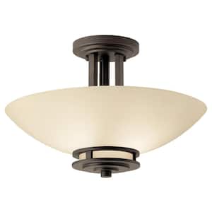 Hendrik 15 in. 2-Light Olde Bronze Hallway Contemporary Semi-Flush Mount Ceiling Light with Satin Etched Umber Glass