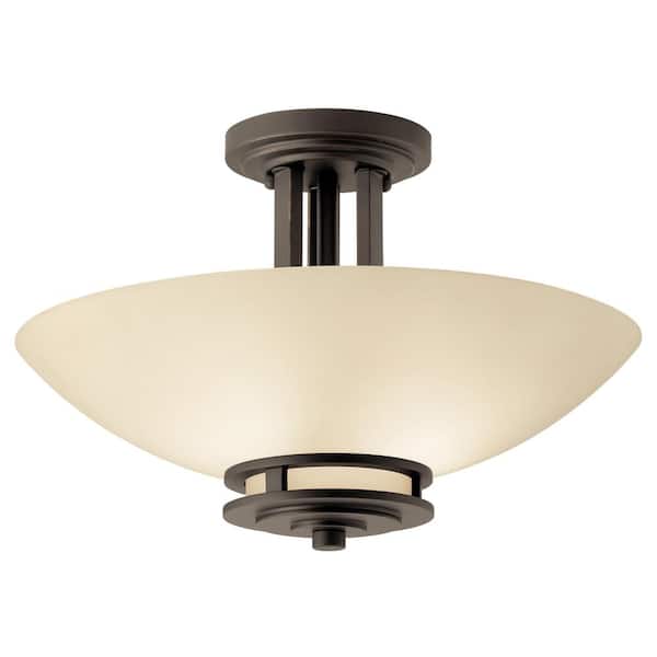 KICHLER Hendrik 15 in. 2-Light Olde Bronze Hallway Contemporary Semi-Flush Mount Ceiling Light with Satin Etched Umber Glass