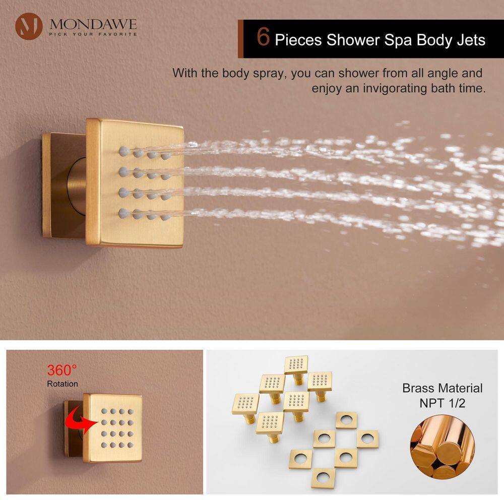 Brushed Gold Dual Square Wall Mounted Shower System with Body Jets