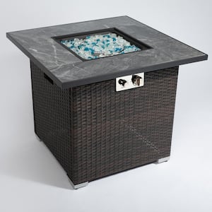 30 in. Brown Wicker Square Outdoor Fire Pit Table with Glass Rocks and Rain Cover