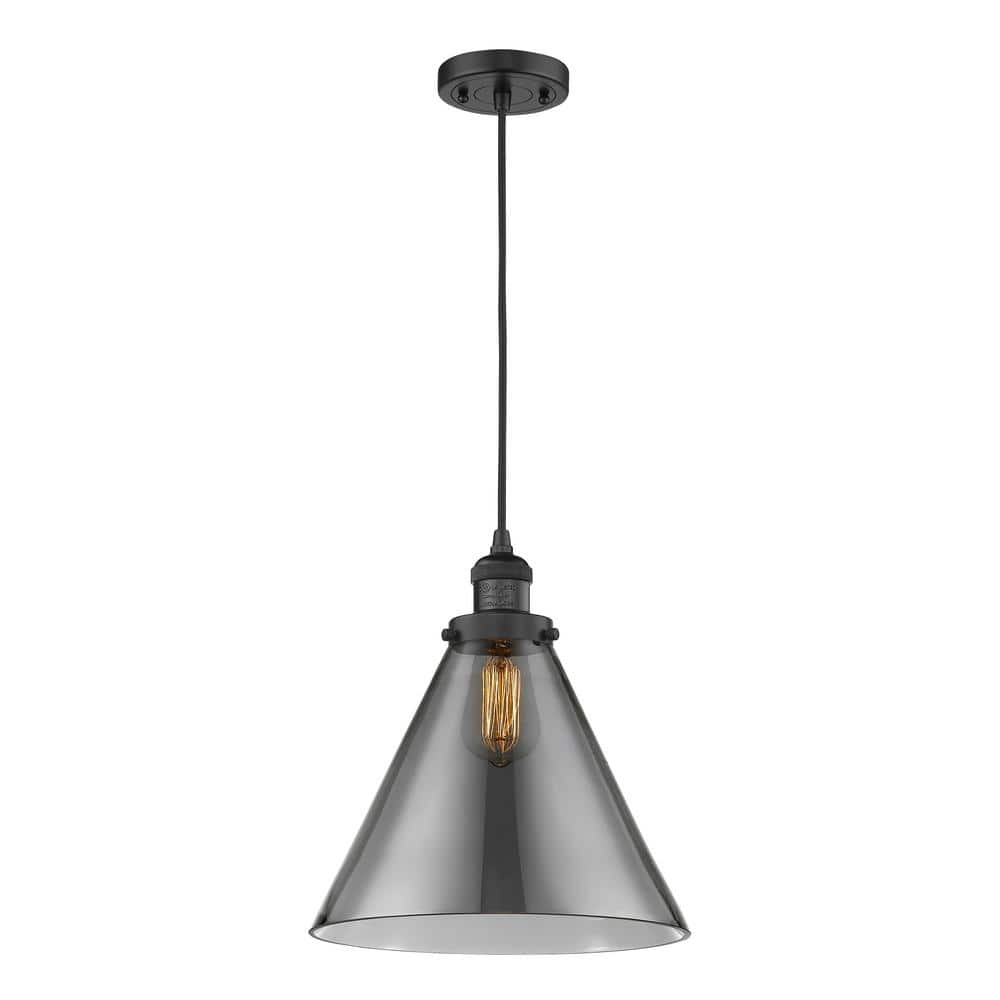 Innovations Cone 1 Light Matte Black Cone Pendant Light With Plated Smoke Glass Shade 201c Bk