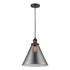 Cone 1-Light Matte Black Cone Pendant Light with Plated Smoke Glass Shade