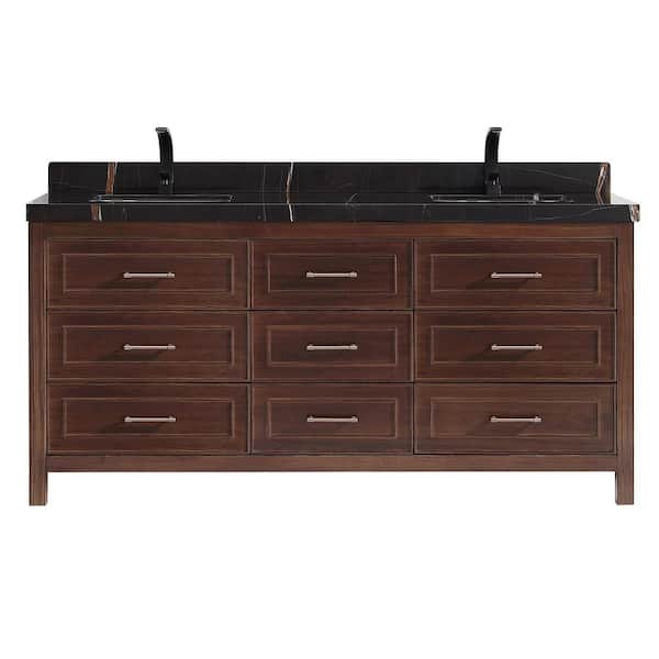 Luxury Ebony Series 72 in. 1 Freestanding Dark Brown Finish Bath Vanity with 2 in. Black Natural Marble Top Assembled