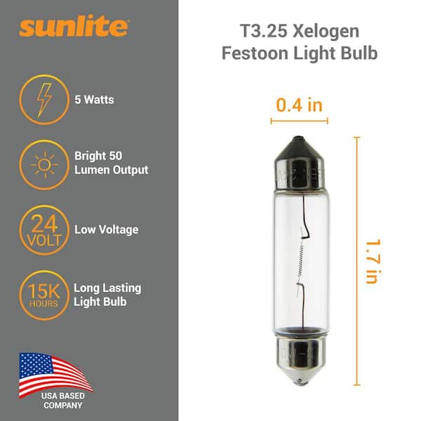 Sunlite 5-Watt 12-Volt T3.25 Xelogen Festoon Lamp Light Bulb, Clear Finish (10-Pack)