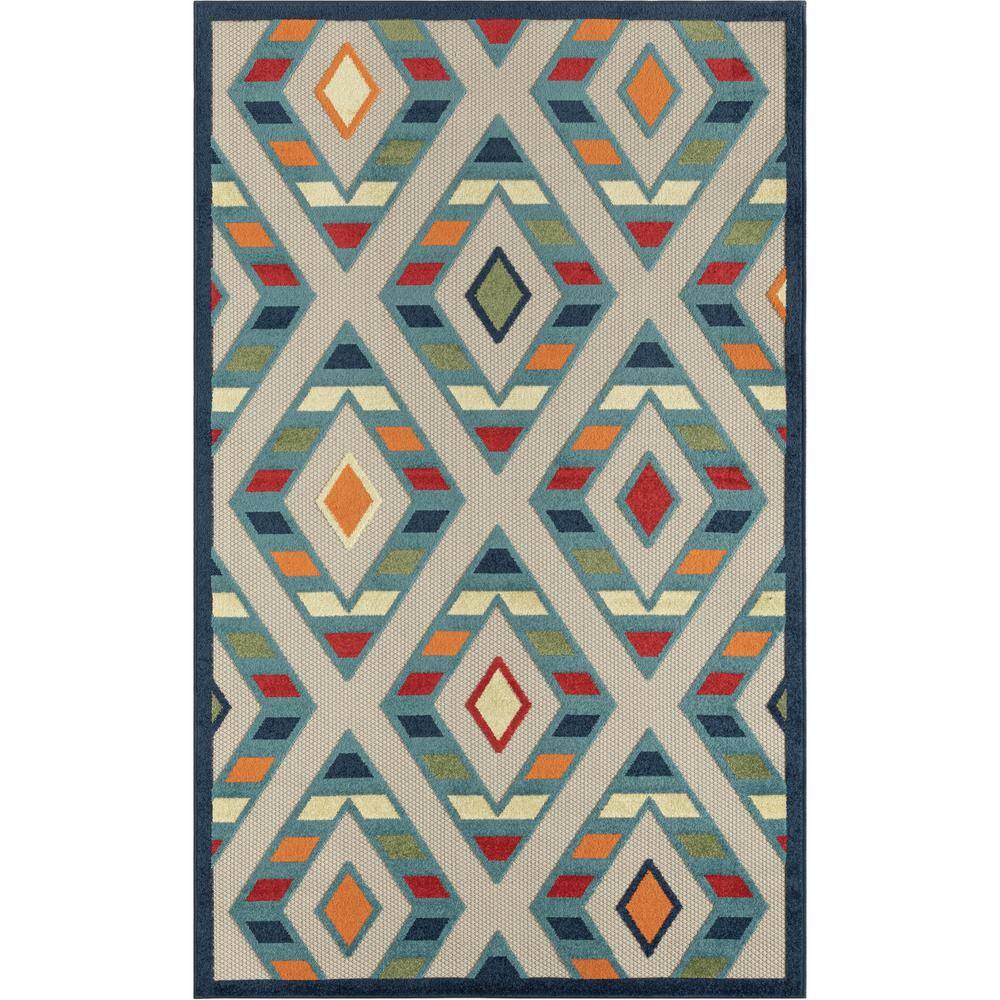 Reversible Rectangular Blue Geometric Easy-Care Area Rug