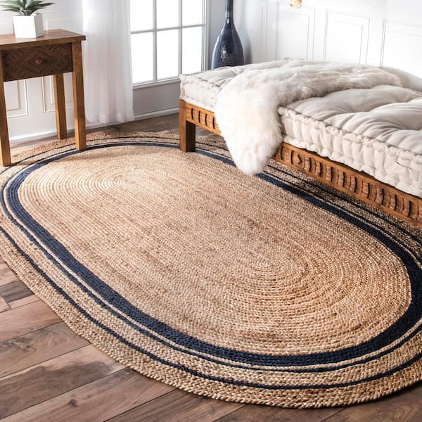 Rikki Braided Border Jute Navy 8 ft. x 10 ft. Oval Rug