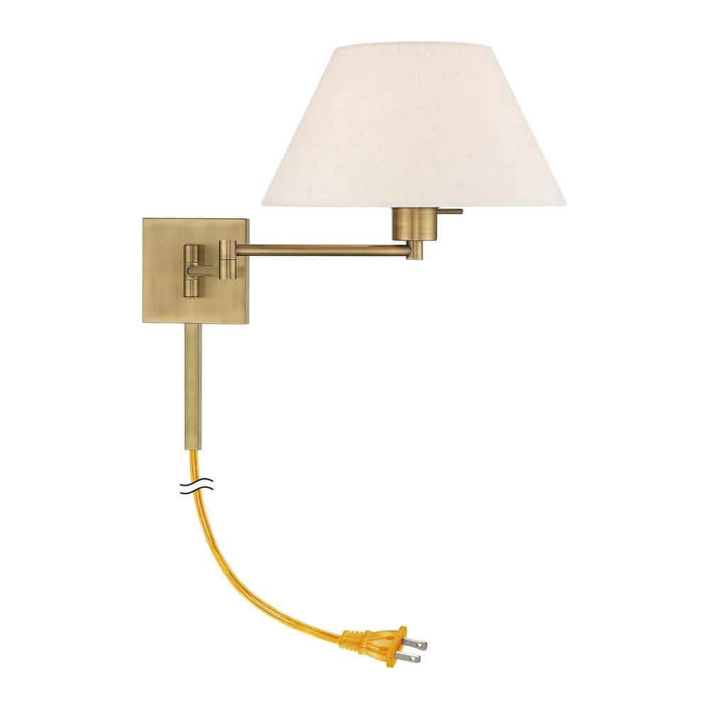 Antique Brass Swing Arm Wall Lamp with Oatmeal Fabric Shade