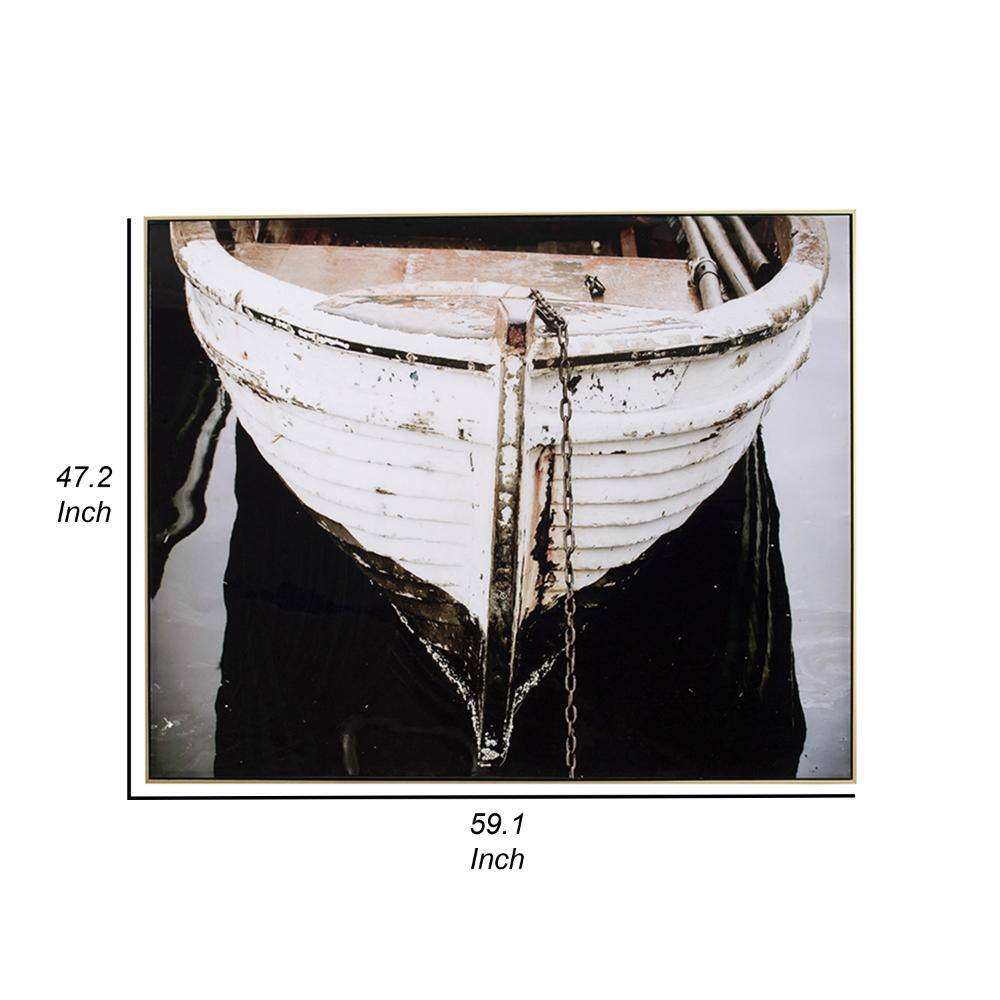 Large Black and White Boat Canvas Painting with Fir Wood Frame