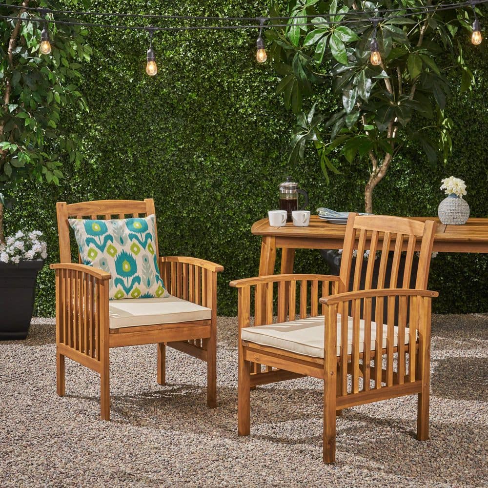 Patio Furniture (Set of 2) Acacia Wood Brown Outdoor Dining Chair with Crea