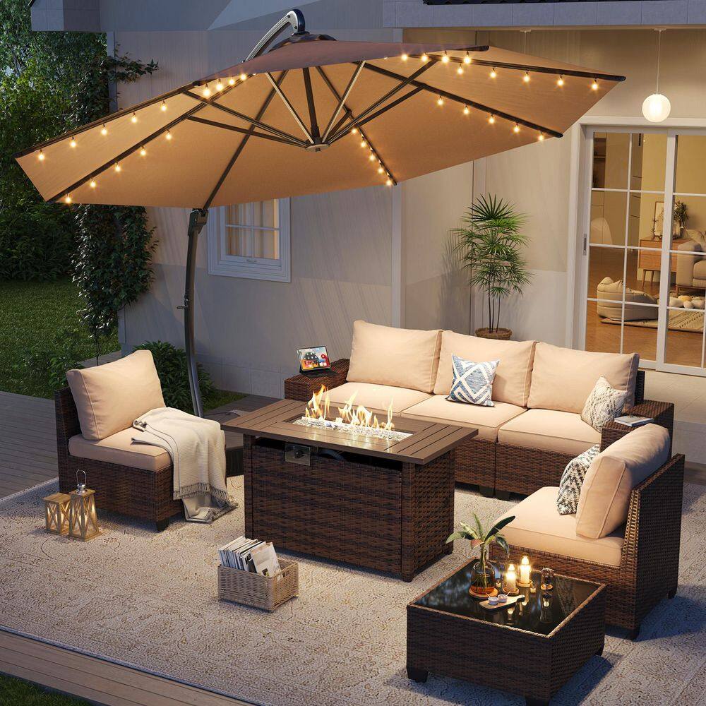 7-Piece Brown Wicker Patio Fire Pit Set with Umbrella Seating Set, Beige Cushions price history on PriceWatchPro