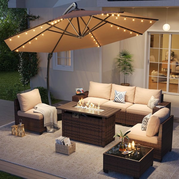 7-Piece Brown Wicker Patio Fire Pit Set with Umbrella Seating Set, Beige Cushions