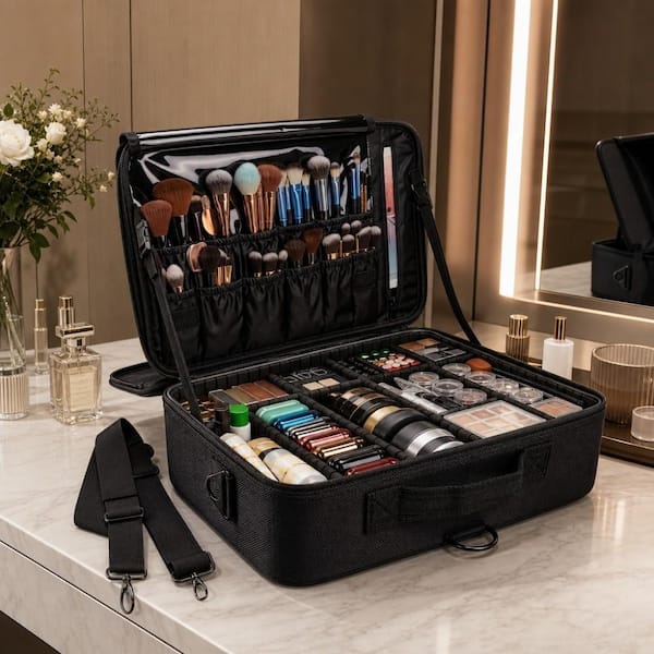 Wudkey Adjustable Travel Makeup Case, Waterproof Oxford Fabric Cosmetic Organizer with Dividers, Portable Shoulder Strap Bag