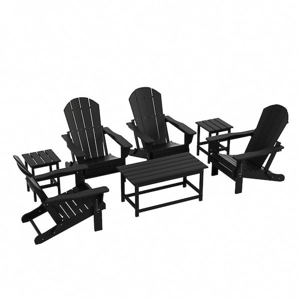 Laguna 7-Piece Fade Resistant Outdoor Patio HDPE Poly Plastic Folding Adirondack Chair Conversation Set in Black