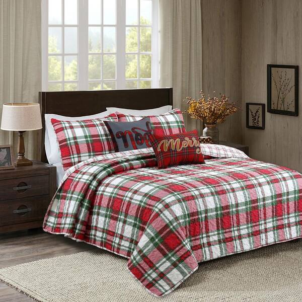 Harper Lane Carol Plaid 4-Piece Red Microfiber Twin Quilt Set