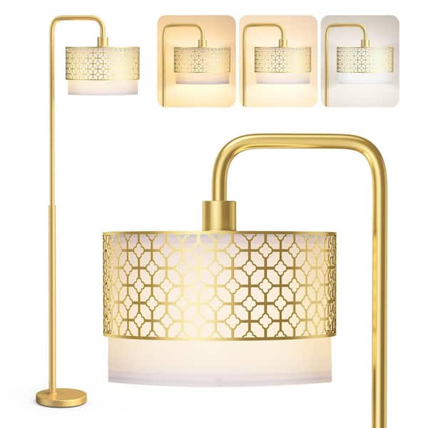Rottogoon 64 in. Gold Paint Standing Lamp with Foot Switch, Modern Arc Floor Lamp W/ Metal Fabric Shades LED Bulb for Living Room