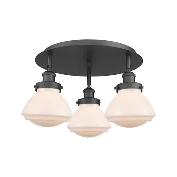 Olean 18.25 in. 3-Light Matte Black Art Nouveau Flush Mount with Seeded Glass Shade