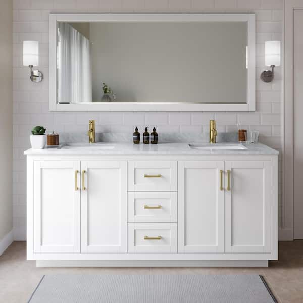 Wyndham Collection Miranda 72 in. W Double Bath Vanity in White with Marble Vanity Top in White Carrara with White Basins and Mirror
