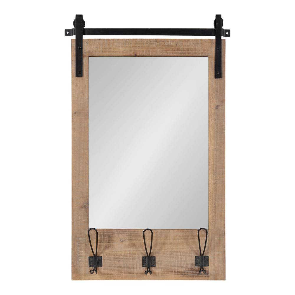 Rustic Brown Wood Wall Mirror with Hooks and Iron Bar