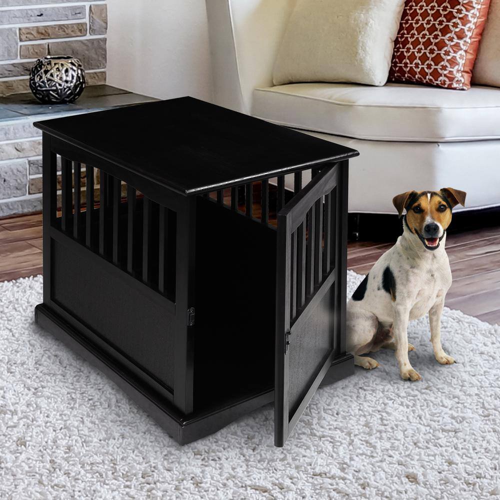 Black Solid Wood Pet Crate End Table with Lockable Gate