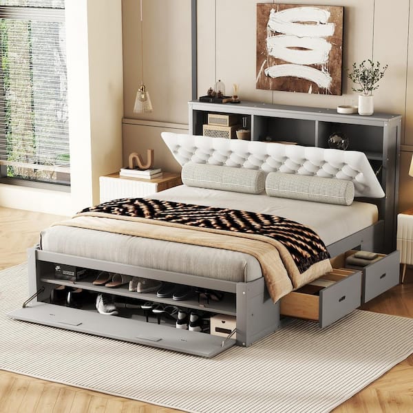 Nestfair Gray Wood Frame Queen Platform Bed with Storage Headboard, Shoe Rack and Drawers