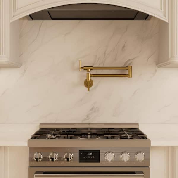 26.4 in. Wall‑Mounted Pot Filler Kitchen Faucet with Dual Handles, 360° Swivel Foldable Spout in Brushed Gold