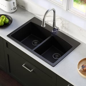 Drop-In Quartz Composite 33 in. 1-Hole 50/50 Double Bowl Kitchen Sink in Black