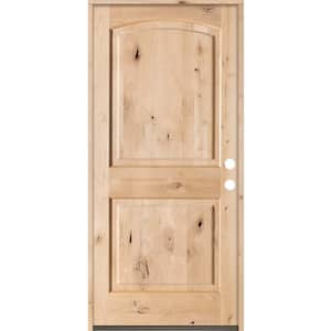 Rustic Knotty Alder 2-Panel Top Rail Arch Solid Wood Core Stainable Left-Hand Prehung Exterior Door