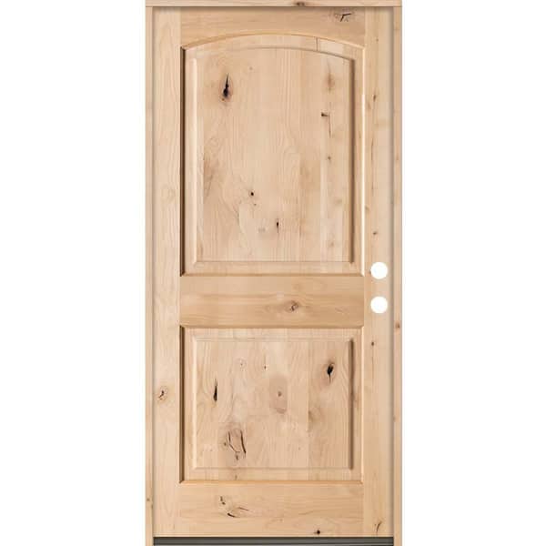 Krosswood Doors Rustic Knotty Alder 2-Panel Top Rail Arch Solid Wood Core Stainable Left-Hand Prehung Exterior Door
