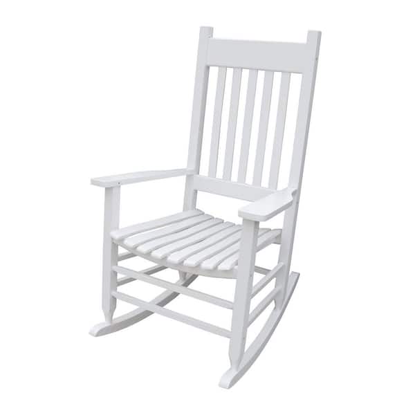 Unbranded White Wood Outdoor Rocking Chair for Porch or Balcony, Slatted Back, Wide Armrests, Without Cushion