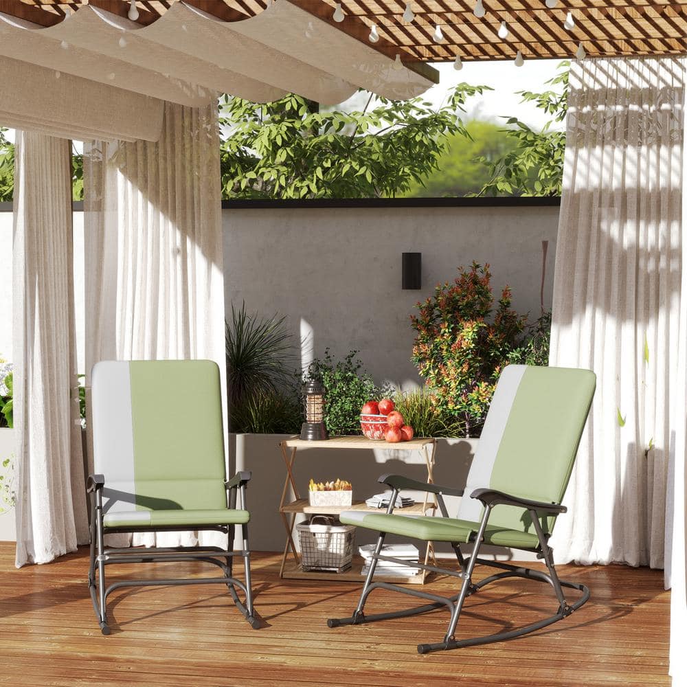 Metal Folding Outdoor Rocking Chairs Set with Dark Blue Cushion 400 lbs. Ca