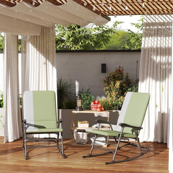 Metal Folding Outdoor Rocking Chairs Set with Dark Blue Cushion 400 lbs. Capacity, Wide Seat, Padded High Back (2-Pack)