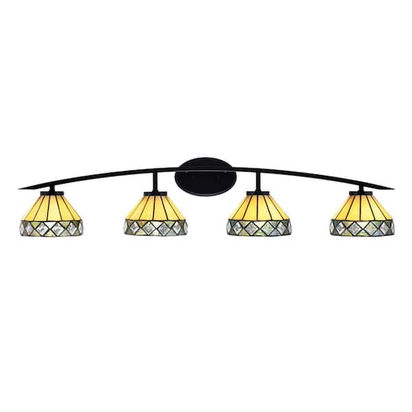 Unbranded Siena 40 in. 4-Light Matte Black Vanity-Light with 7 in. Diamond Peak Art Glass Shades No Bulbs Included
