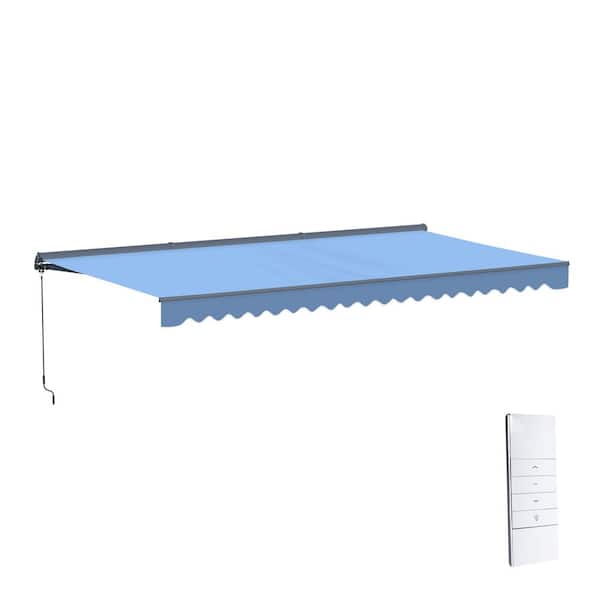 20 ft. Moroccan Polyester Motorized Patio Awning Semi Cassette LED Luxury 120 in. Projection in Sky Blue Dark Gray Frame