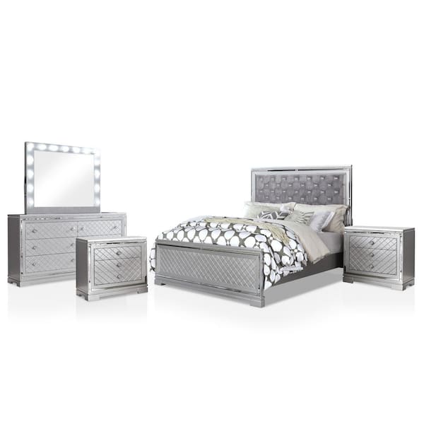 Furniture of America Casilla 5-Piece Silver and Gray Queen Bedroom Set, Silver and Gray - Queen