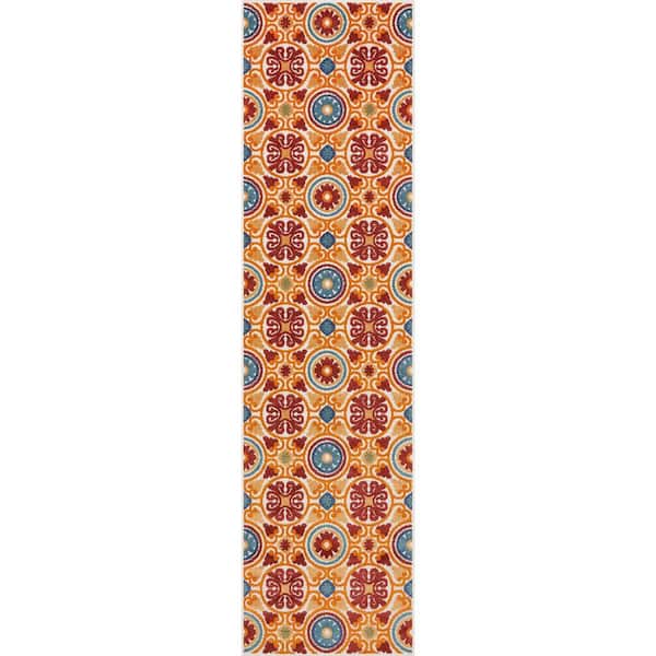 Dorado Audun Modern Geometric Red 2 ft. 7 in. x 9 ft. 10 in. Runner High-Low Indoor/Outdoor Area Rug