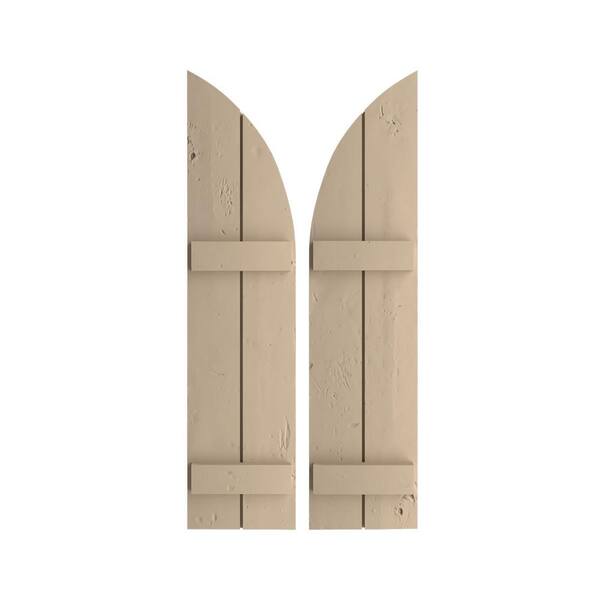 Ekena Millwork 11 in. x 36 in. Polyurethane Knotty Pine 2-Board Joined Board and Batten Quarter Arch Top Shutters, Primed Tan